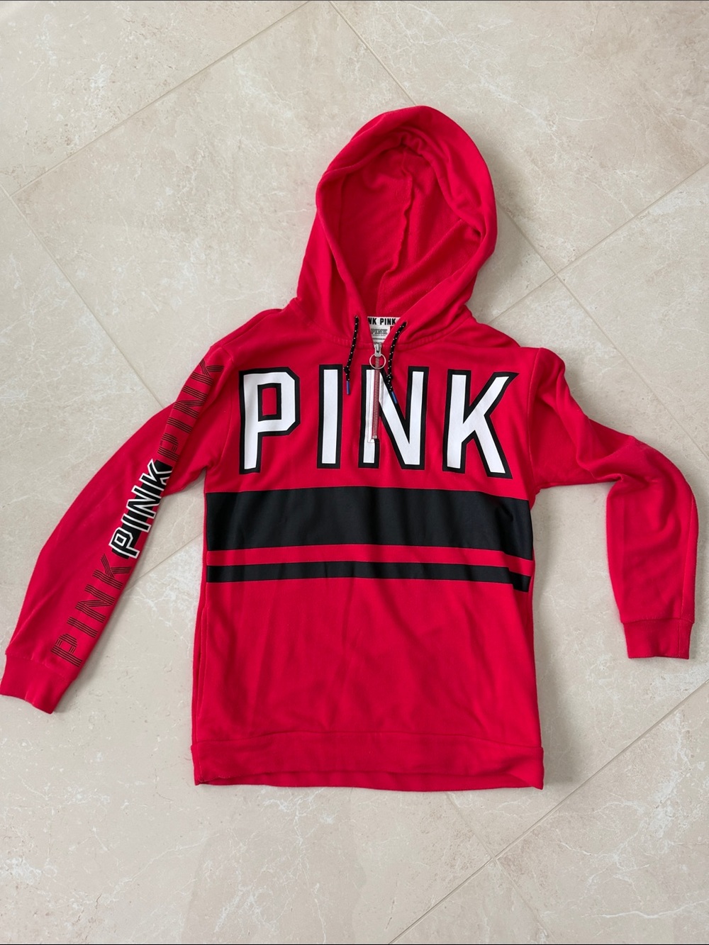 PINK Victoria's Secret Red Hooded Sweatshirt with Black Panels